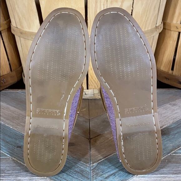 Sperry A/O 2-Eye Fleck Purple Canvas Tan Leather Loafer Boat Shoes Womens Size 7 - Picture 9 of 11